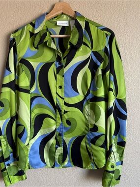 Liz Claiborne Vintage 90S 100% Silk Paisley Button-Up Top Size 10 Vibrant Green